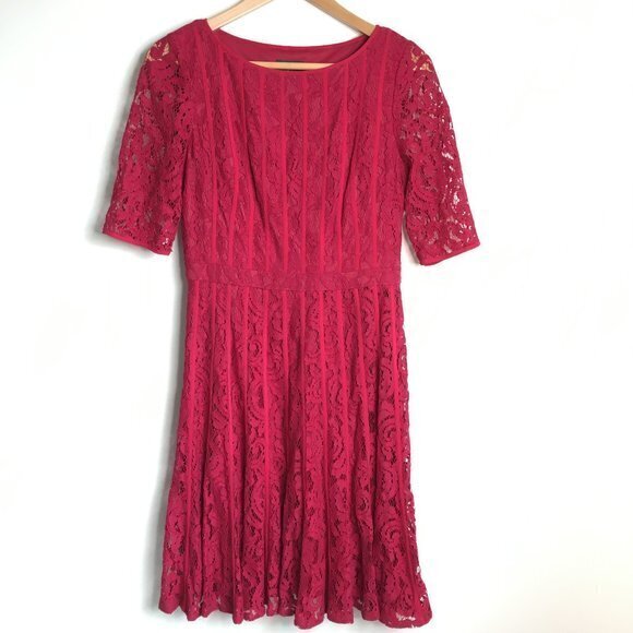 Adrianna Papell Red Lace Short Sleeve Stretchy Dress Womens Size 6 Lined - Picture 2 of 6